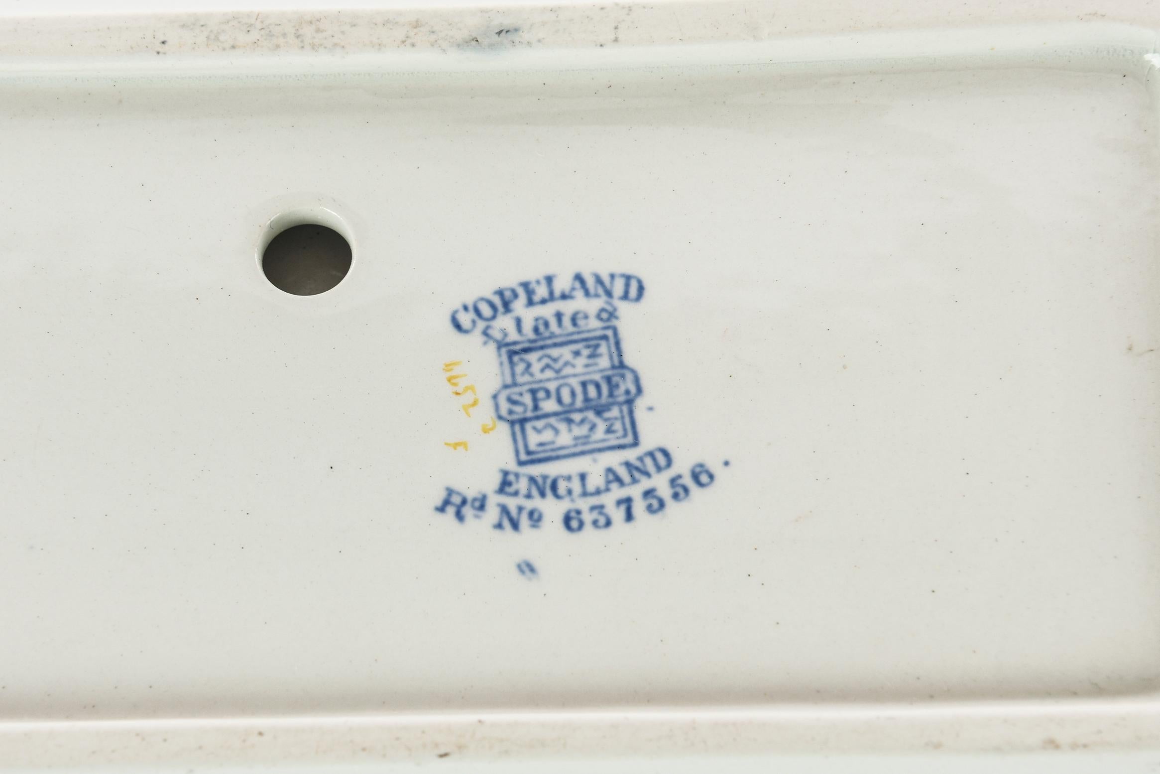 British Antique English Porcelain Inkwell, Blue Pheasant Design by Copeland Spode