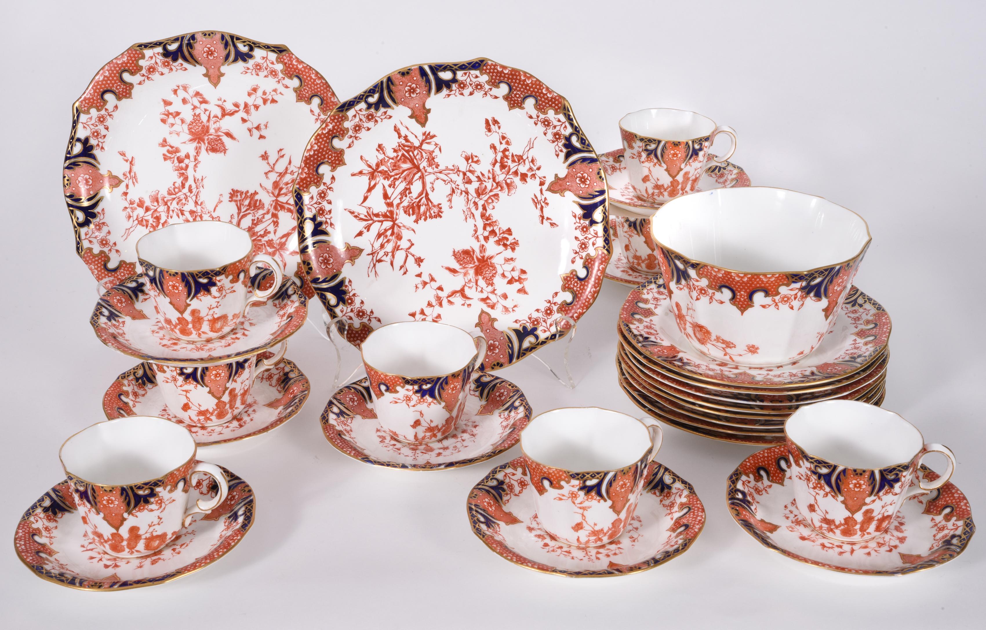 Antique English derby royal crown chinaware luncheon service for eight people. Each piece is in excellent antique condition. Maker's mark undersigned. All together 27 pieces. Two large serving plate 9