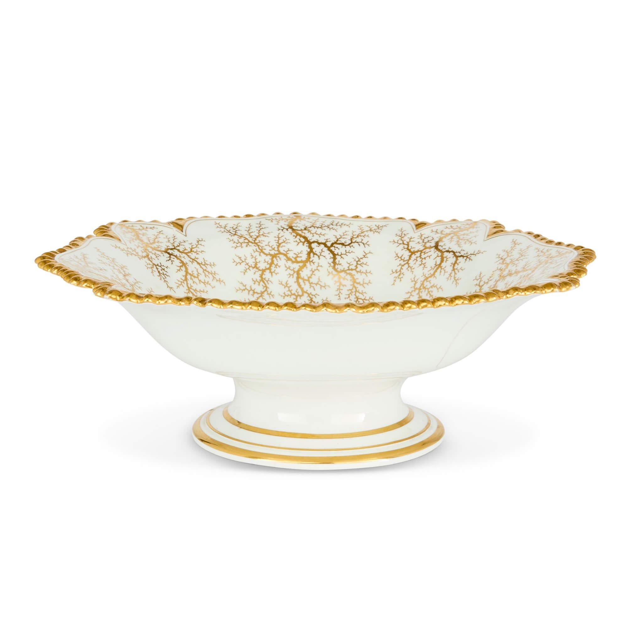 Antique English Porcelain Painted Gilt Comport Dish Flight, Barr and Barr 
English, c. 1820
Height 11cm, diameter 32cm

Dating to around 1820, this refined porcelain comport dish was produced by the distinguished Worcester manufactory of Flight,