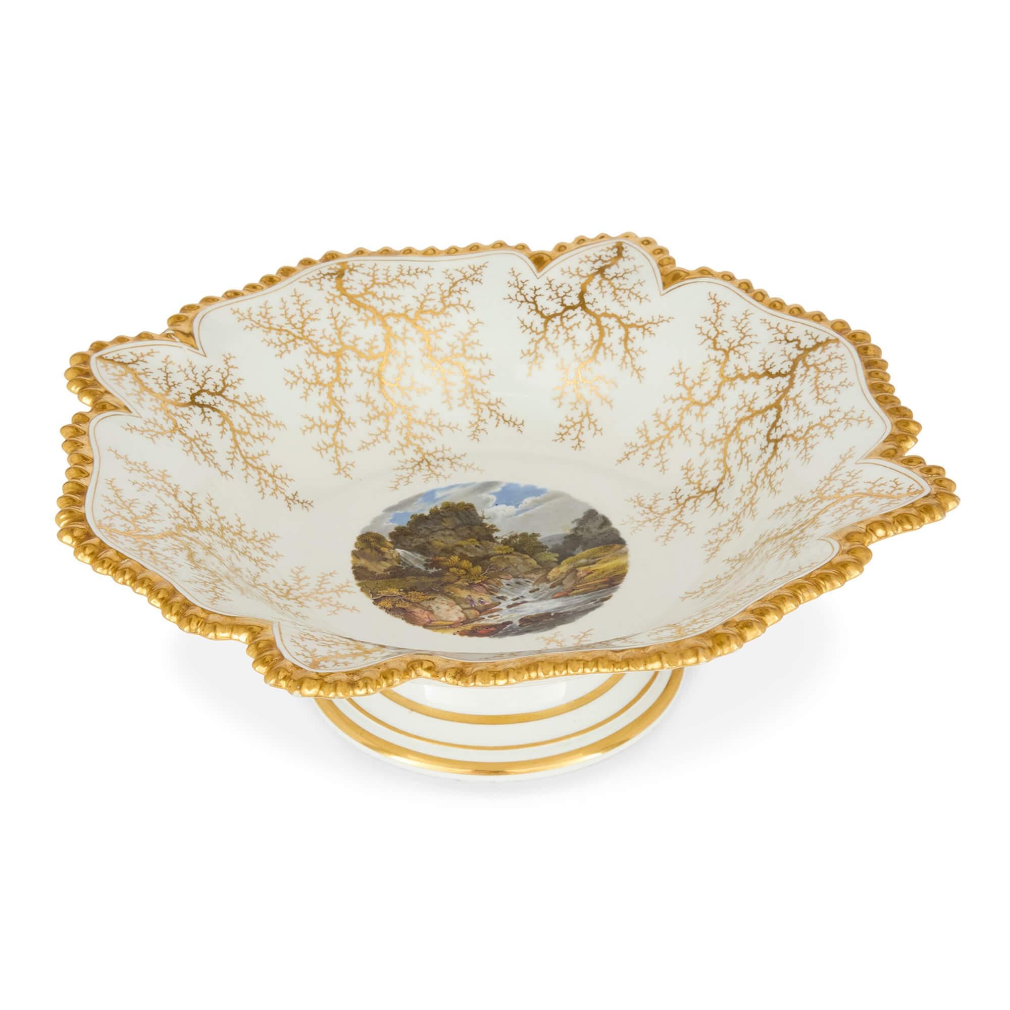 Neoclassical Antique English Porcelain Painted Gilt Comport Dish Flight, Barr and Barr For Sale