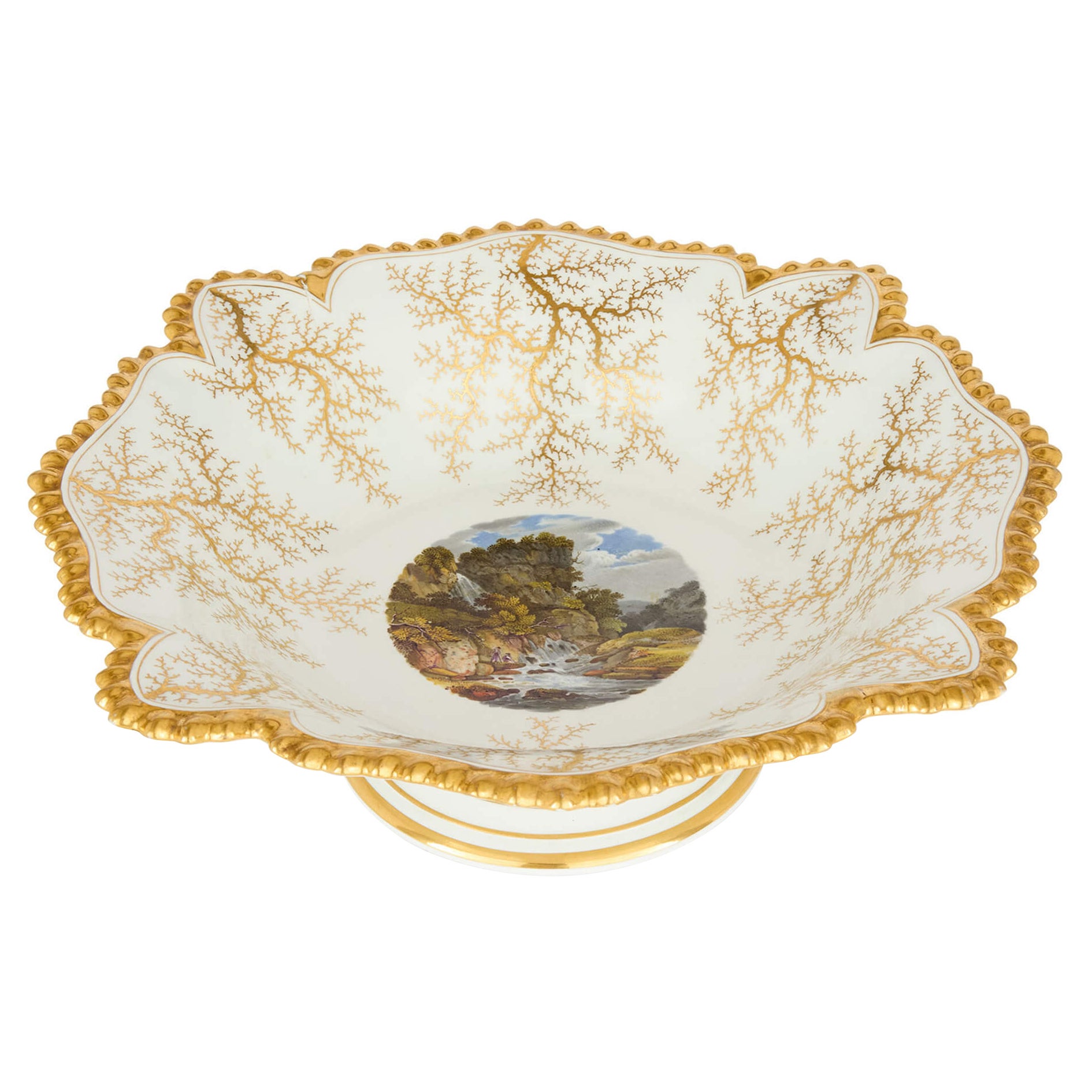 Antique English Porcelain Painted Gilt Comport Dish Flight, Barr and Barr For Sale