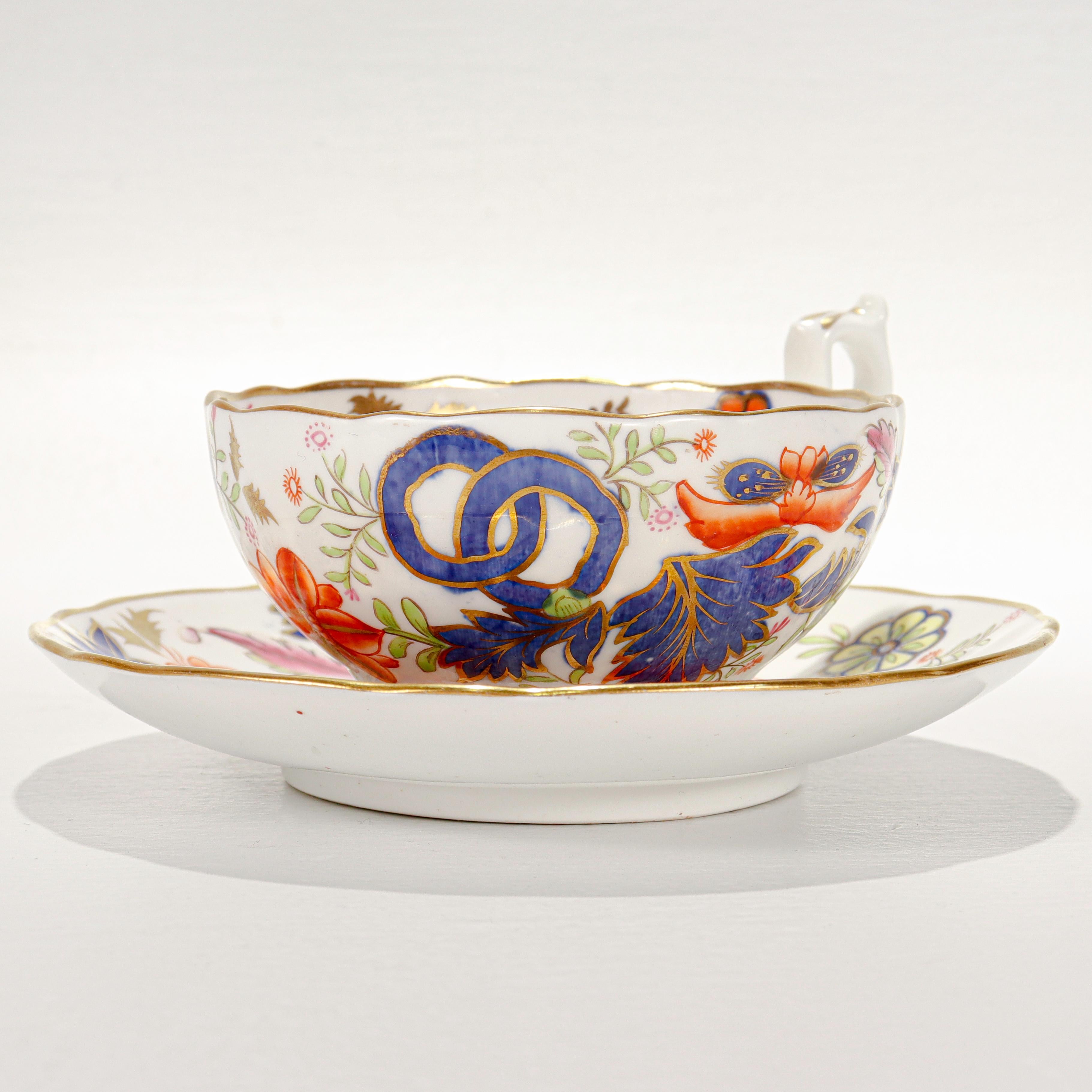 Antique English Porcelain Pseudo Tobacco Leaf Pattern Tea Cup & Saucer For Sale 4