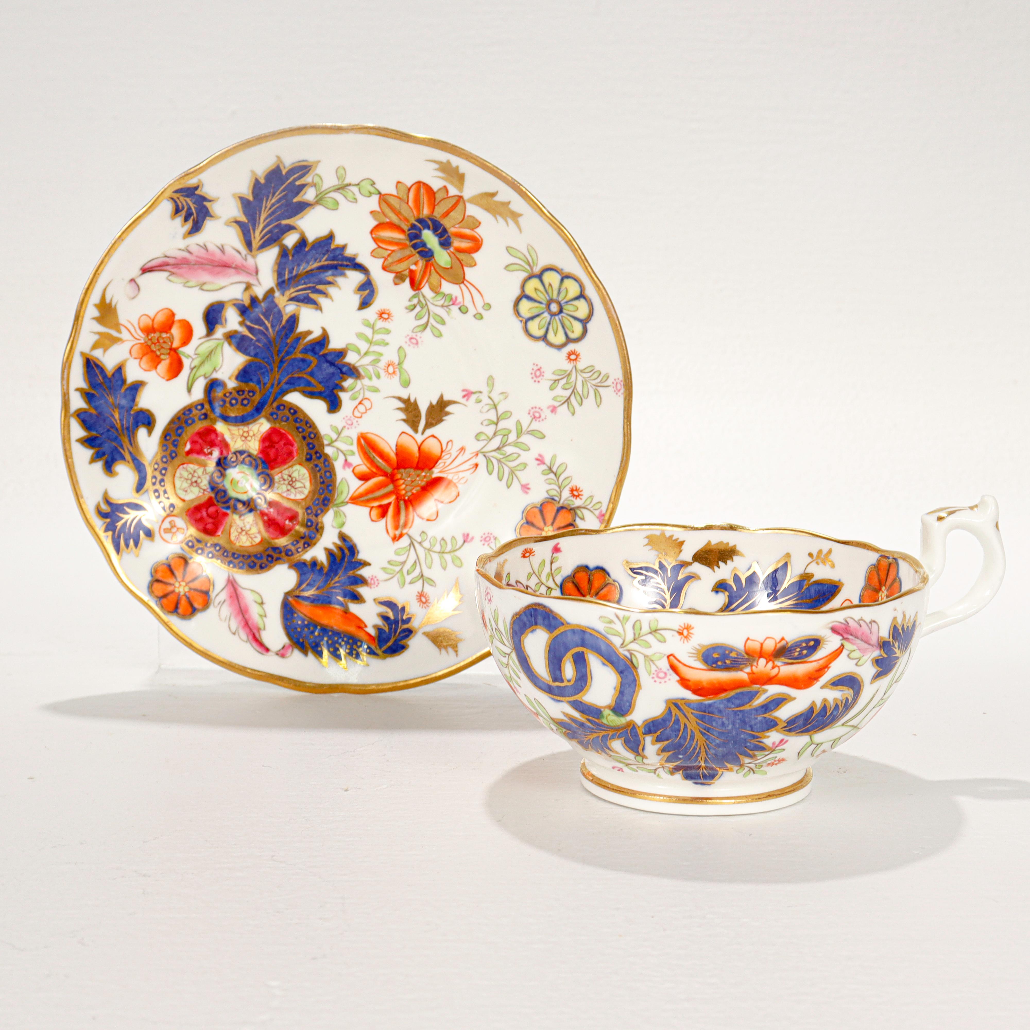 British Antique English Porcelain Pseudo Tobacco Leaf Pattern Tea Cup & Saucer For Sale