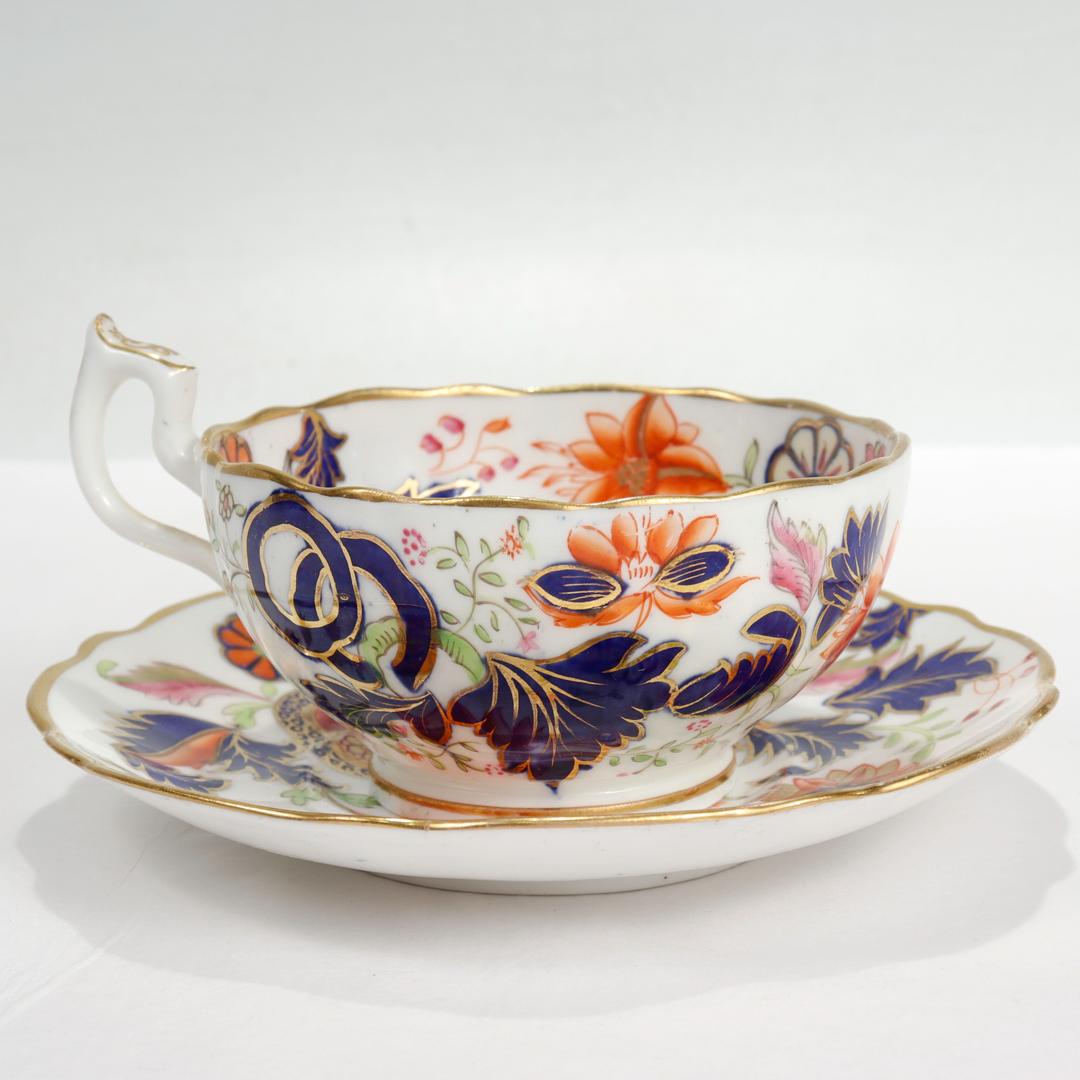 Regency Antique English Porcelain Pseudo-Tobacco Leaf Pattern Tea Cup & Saucer For Sale