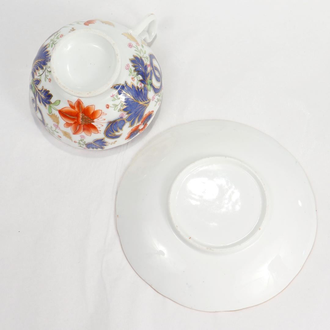 Antique English Porcelain Pseudo-Tobacco Leaf Pattern Tea Cup & Saucer In Good Condition For Sale In Philadelphia, PA