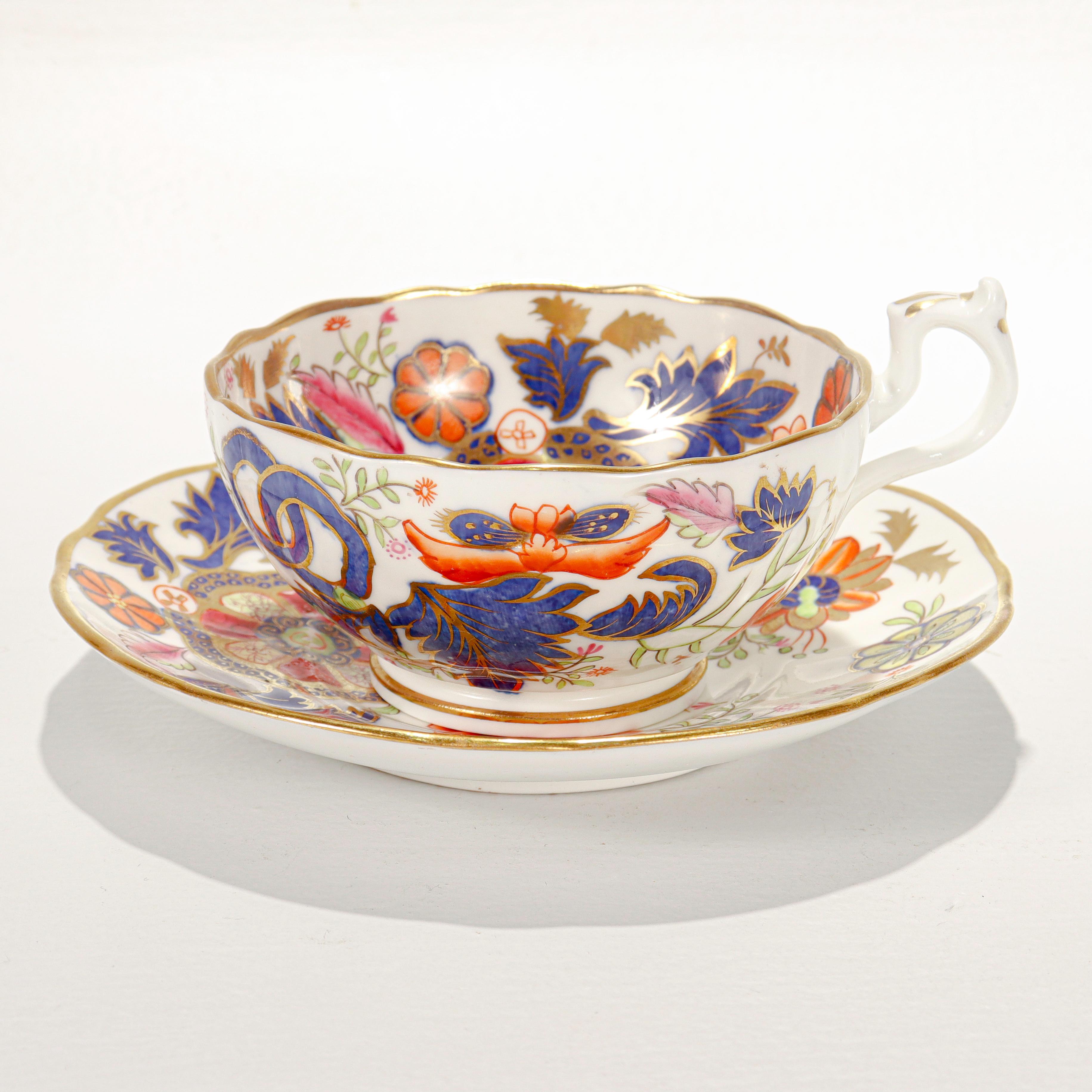 Antique English Porcelain Pseudo Tobacco Leaf Pattern Tea Cup & Saucer In Good Condition For Sale In Philadelphia, PA