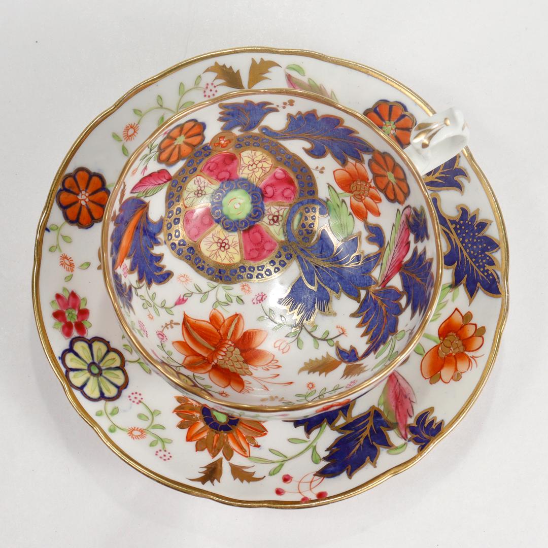 19th Century Antique English Porcelain Pseudo-Tobacco Leaf Pattern Tea Cup & Saucer For Sale