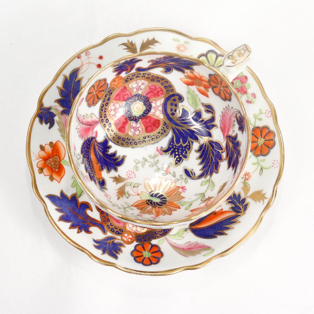 Antique English Porcelain Pseudo-Tobacco Leaf Pattern Tea Cup & Saucer In Good Condition For Sale In Philadelphia, PA