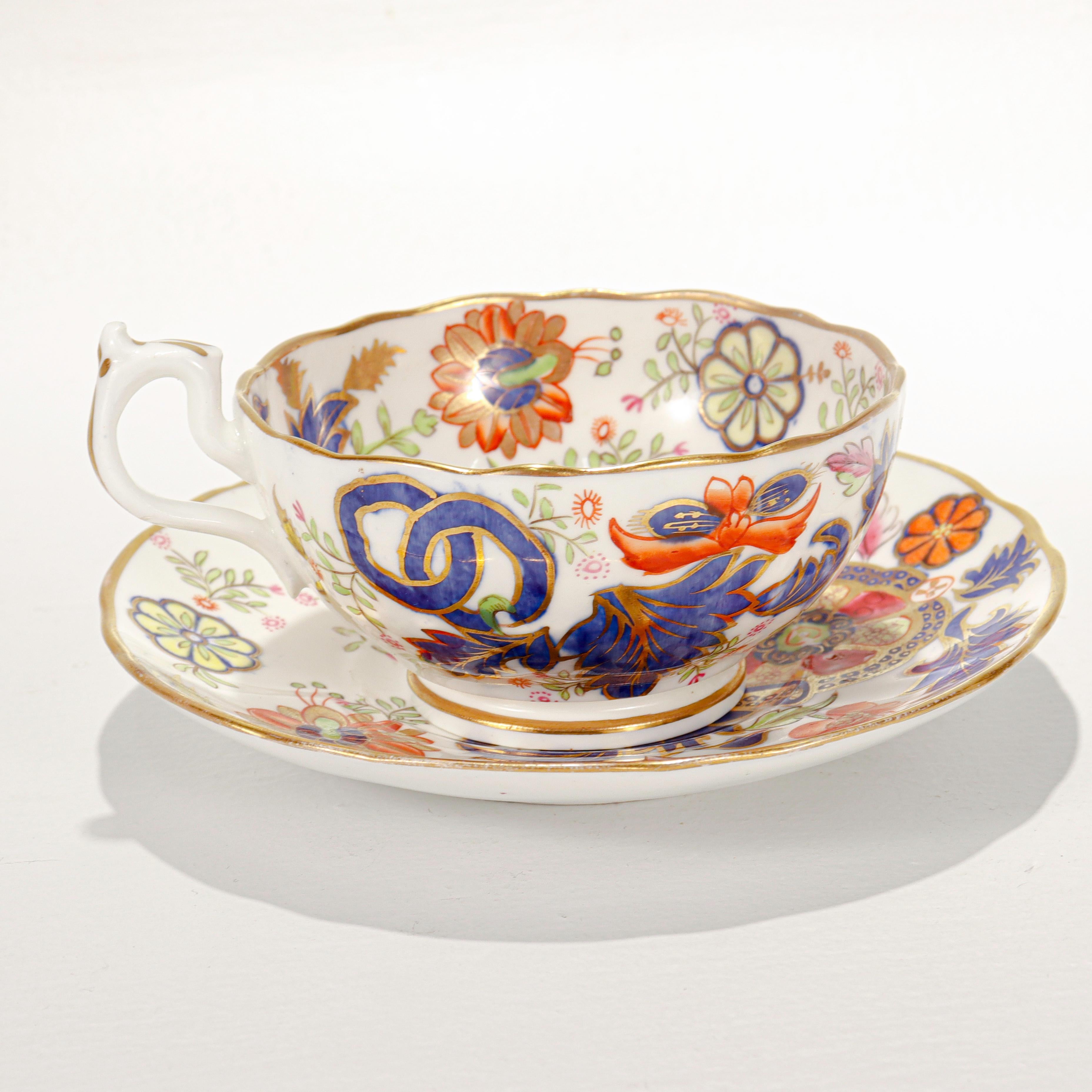Antique English Porcelain Pseudo Tobacco Leaf Pattern Tea Cup & Saucer For Sale 1