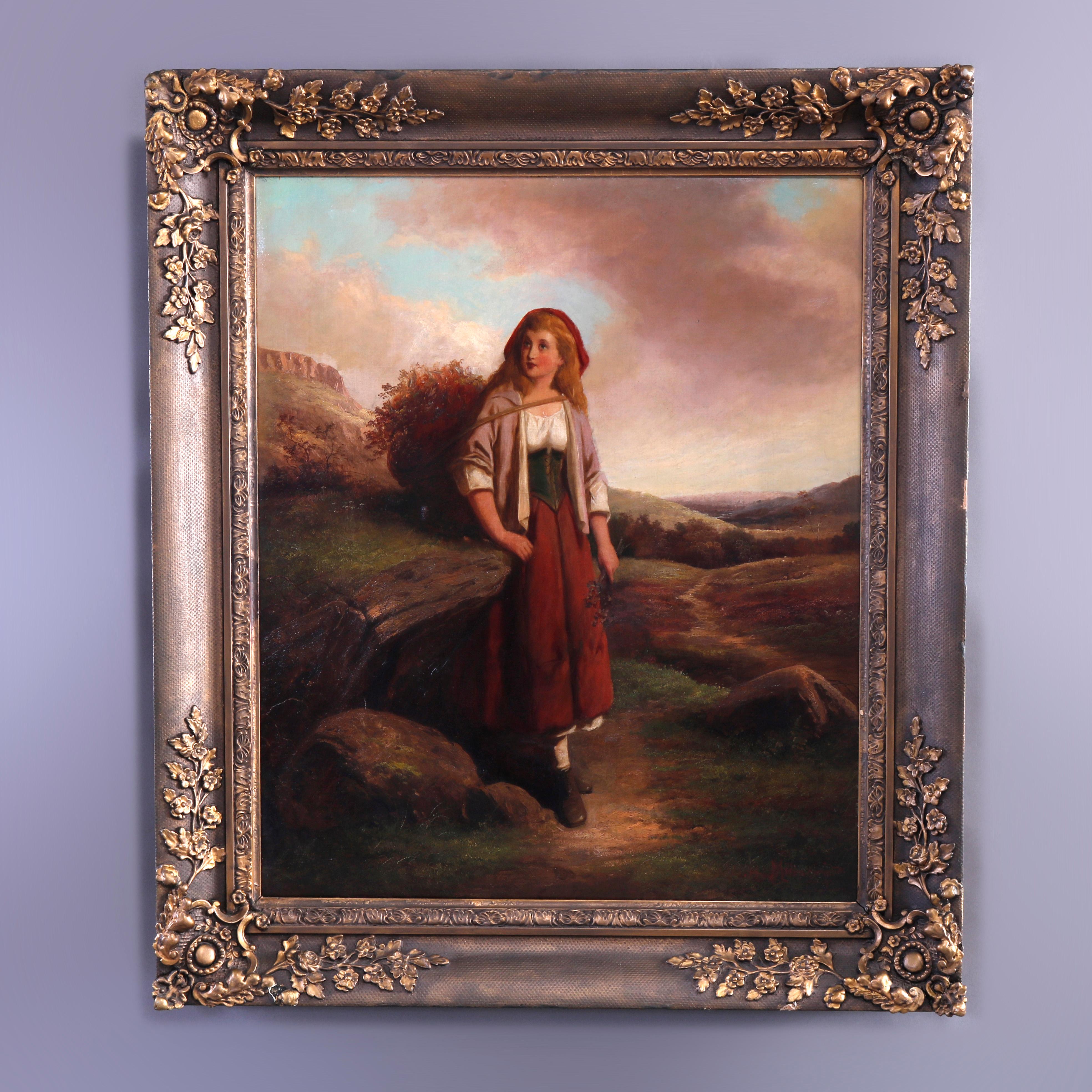 An antique and large English oil painting offers portrait of young woman in countryside setting, seated in giltwood frame with foliate elements, artist signed lower right, c1870

Measures - overall 37.5''H x 32.5''W x 3.5''D; sight 25'' x 30''.
