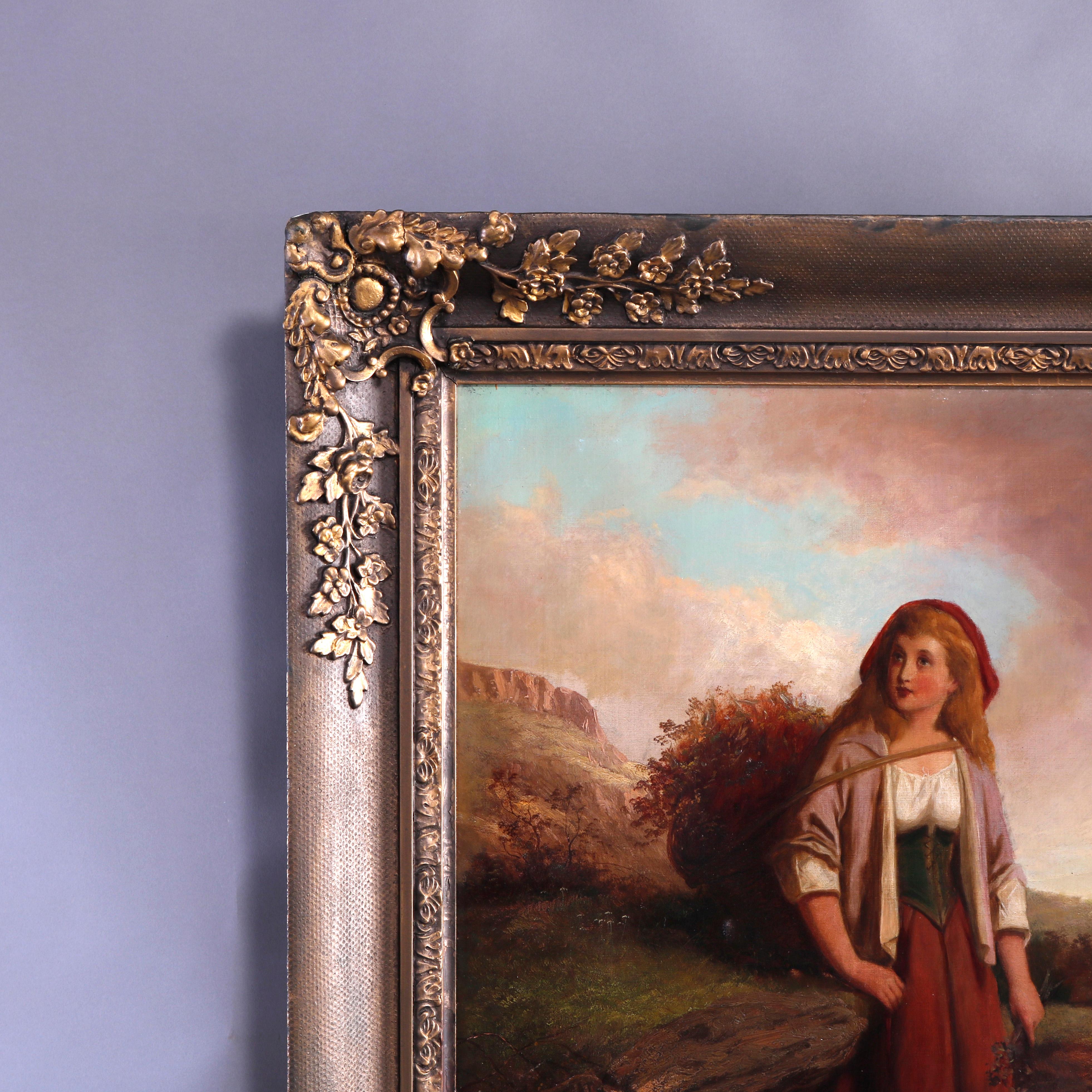 Antique English Portrait Painting of Young Maiden in Field, Giltwood Frame c1870 In Good Condition In Big Flats, NY
