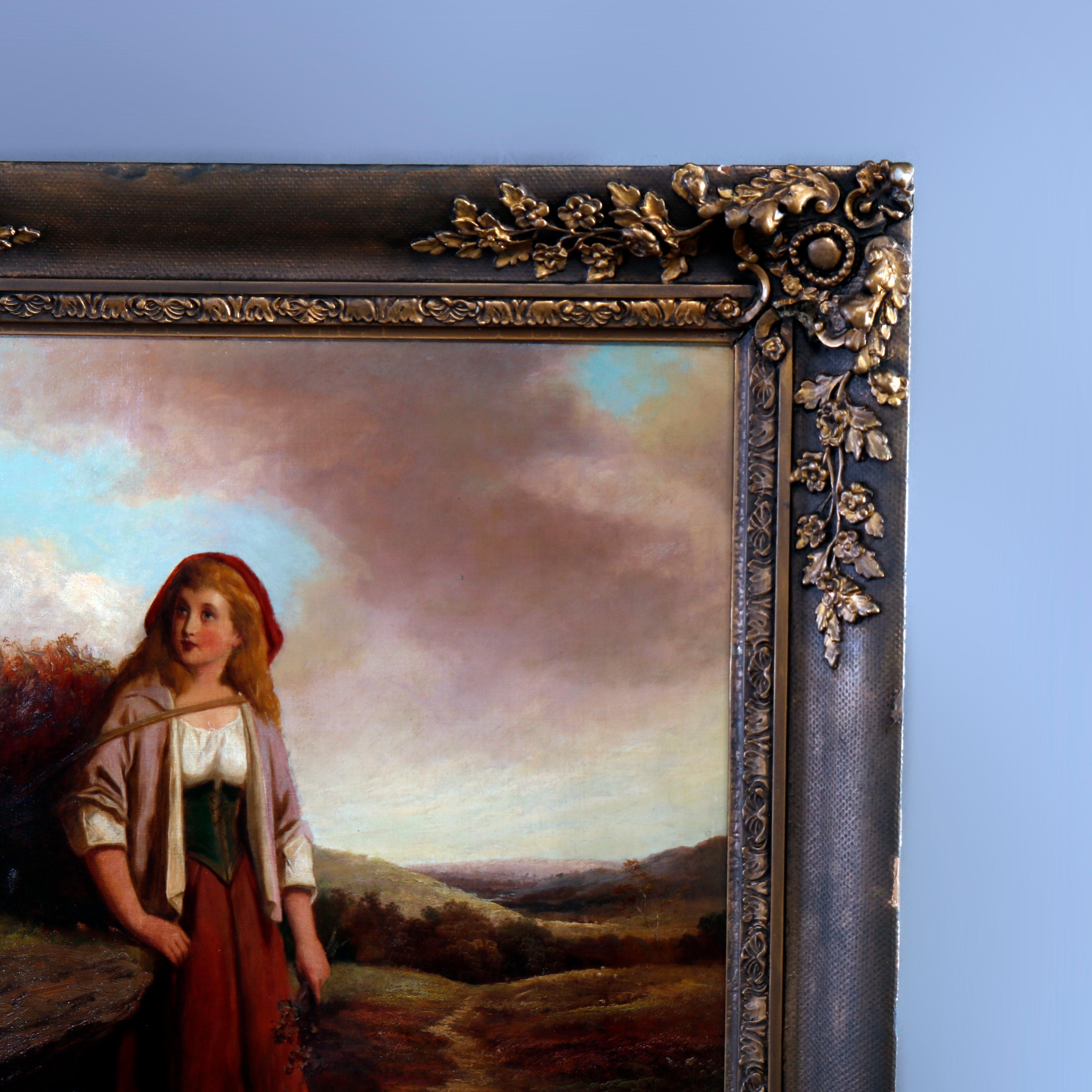 19th Century Antique English Portrait Painting of Young Maiden in Field, Giltwood Frame c1870