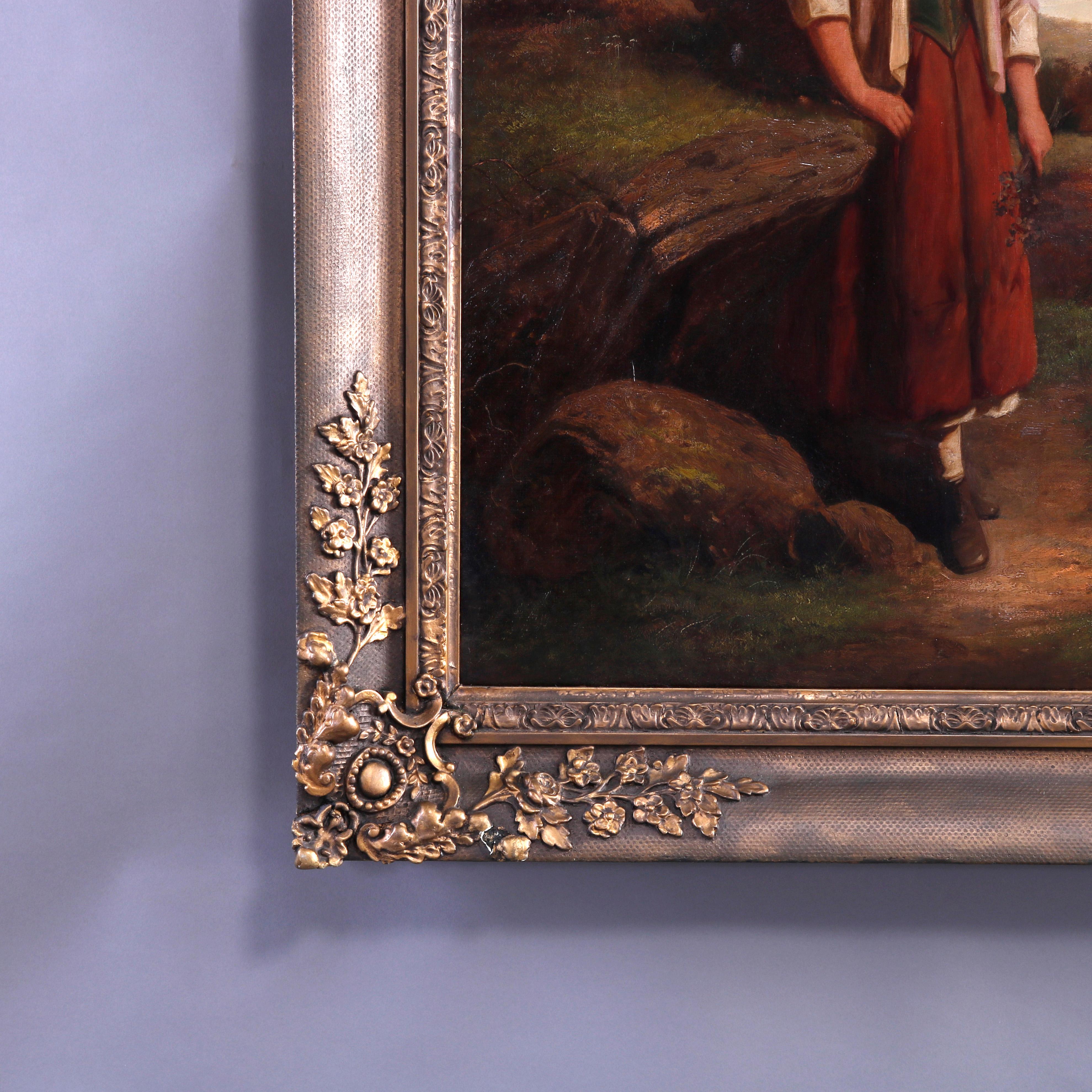Antique English Portrait Painting of Young Maiden in Field, Giltwood Frame c1870 3