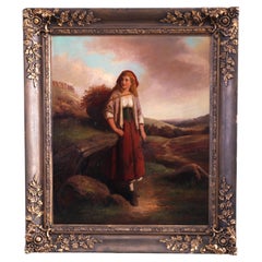 Antique English Portrait Painting of Young Maiden in Field, Giltwood Frame c1870