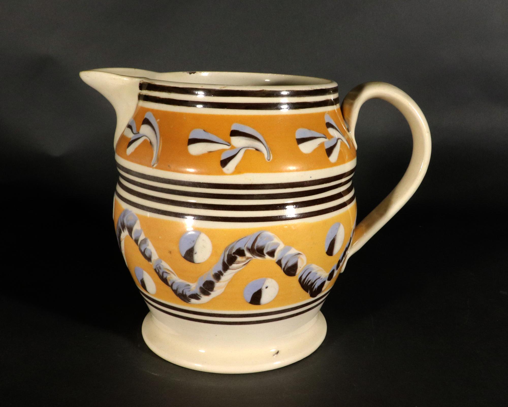 19th Century Antique English Pottery Dark Yellow Mocha Jug with Leaf, Earthworm and Dots