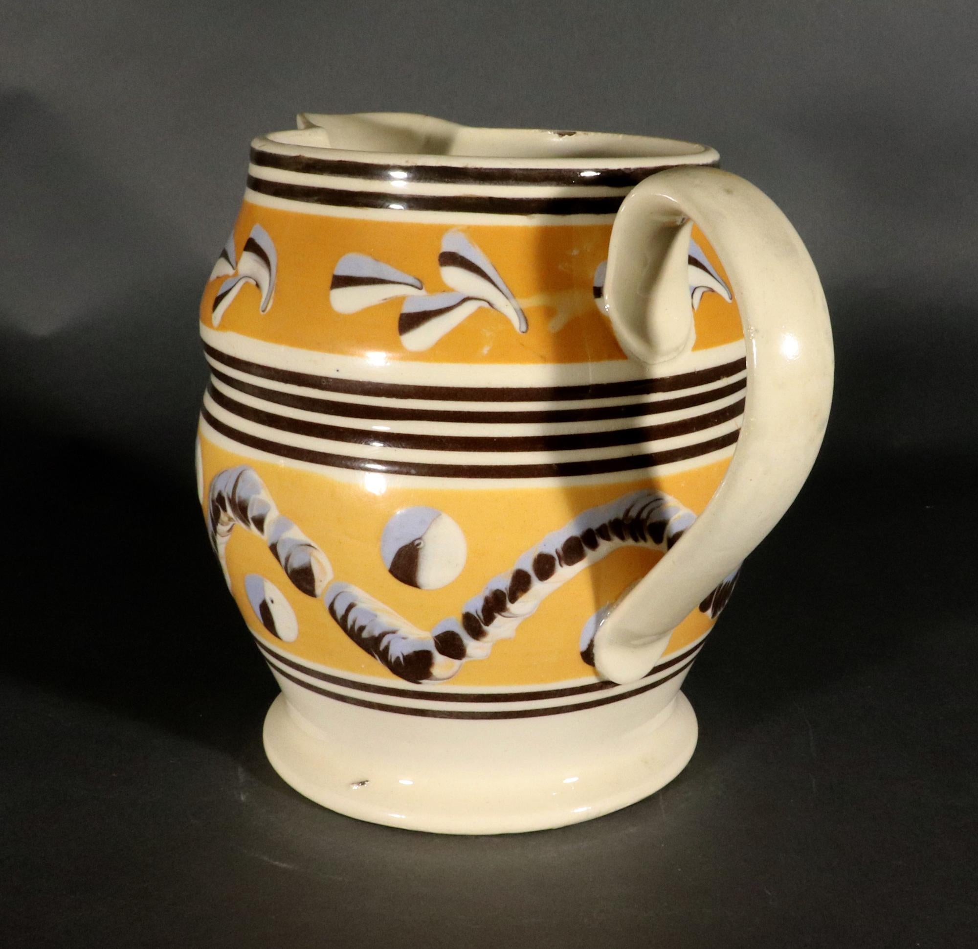 Pearlware Antique English Pottery Dark Yellow Mocha Jug with Leaf, Earthworm and Dots