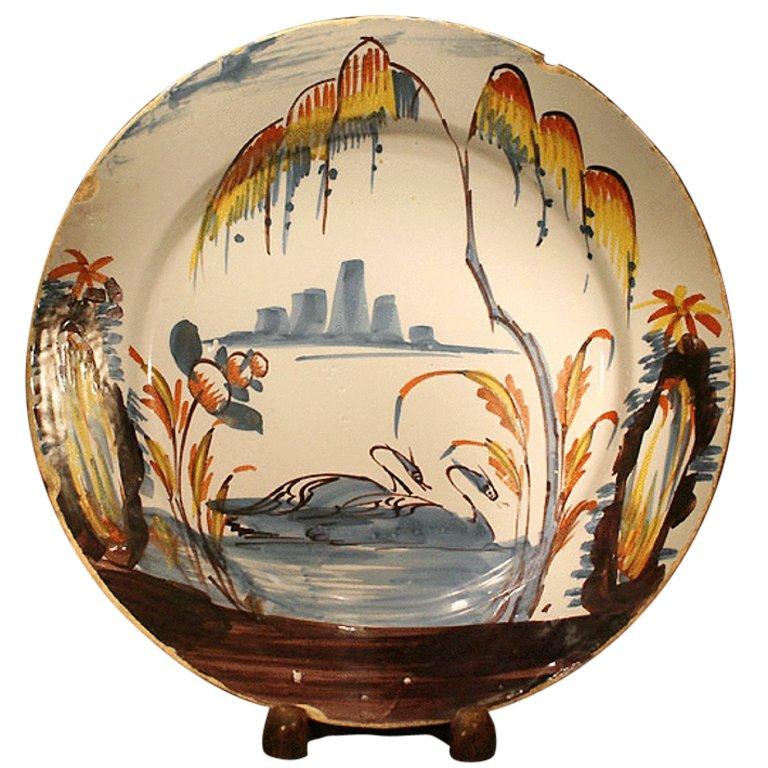 Antique English Pottery Delftware Dish With Swans on Lake C1750 For Sale