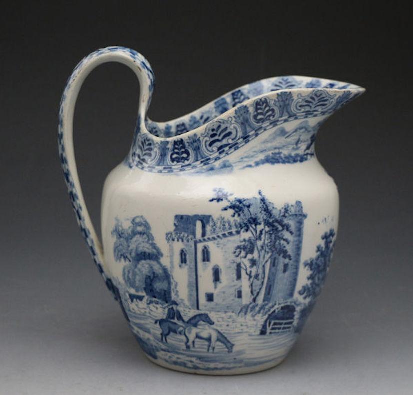 Dated: 1825 Staffordshire England

A fine Staffordshire pottery wash bowl and ewer profusely decorated with romantic ruined castles and rural scenes in underglaze blue and white transfer print. The set is in very clean crisp condition and is