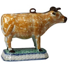 Antique English Pottery Figure of a Cow Creamer in Prattware, circa 1800