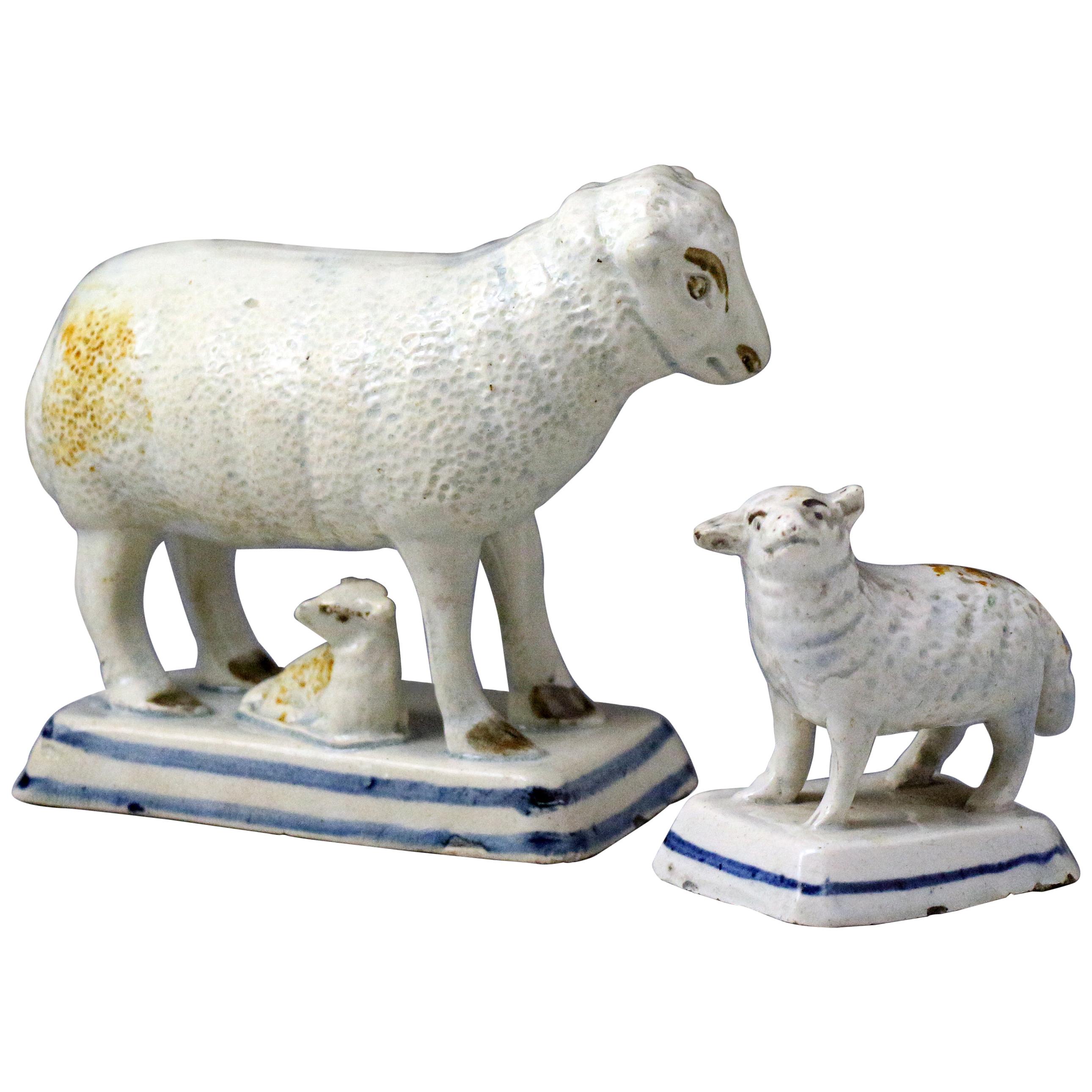 Antique English Pottery Figures of a Ewe and Lambs, Early 19th Century For Sale