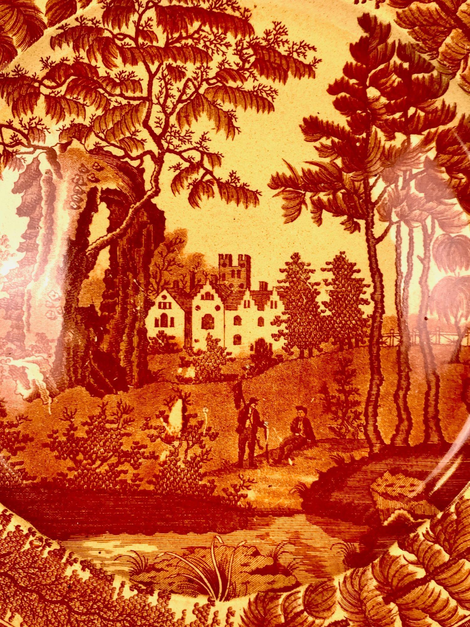 George III Antique English Pottery Plate Scenic Landscape Red Transfer Country Scene c.1825 For Sale