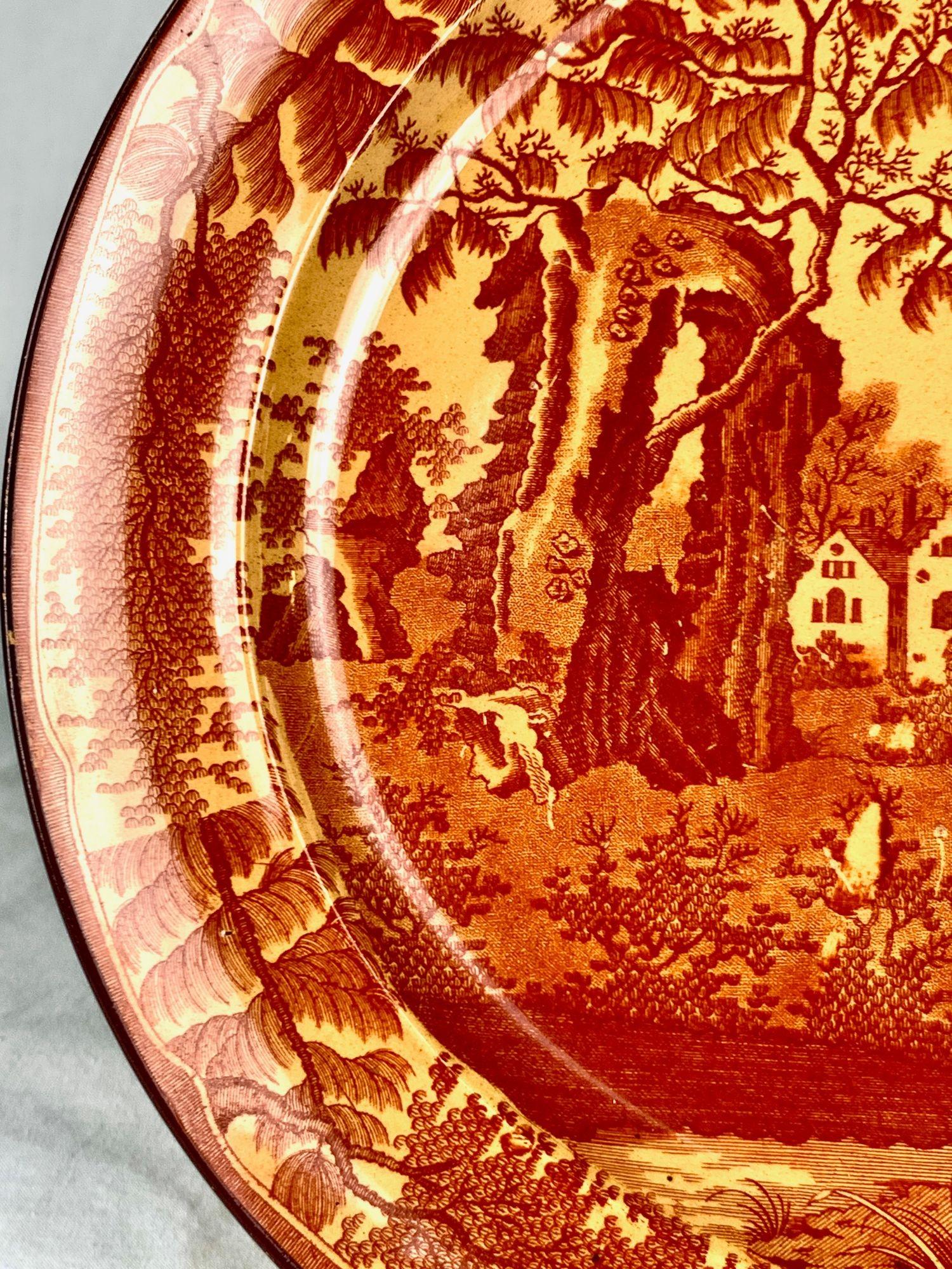 Antique English Pottery Plate Scenic Landscape Red Transfer Country Scene c.1825 In Excellent Condition For Sale In Katonah, NY
