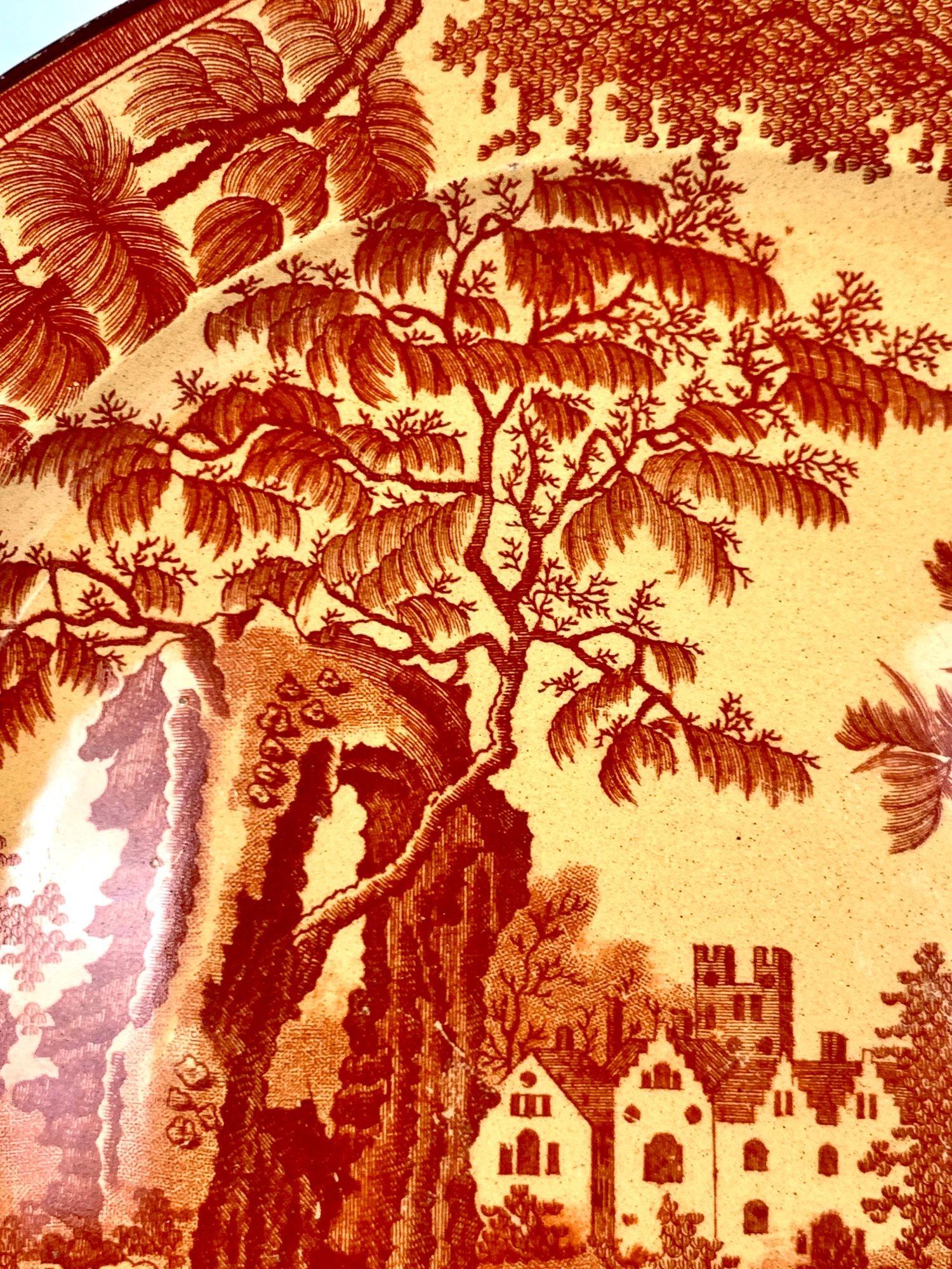 19th Century Antique English Pottery Plate Scenic Landscape Red Transfer Country Scene c.1825 For Sale