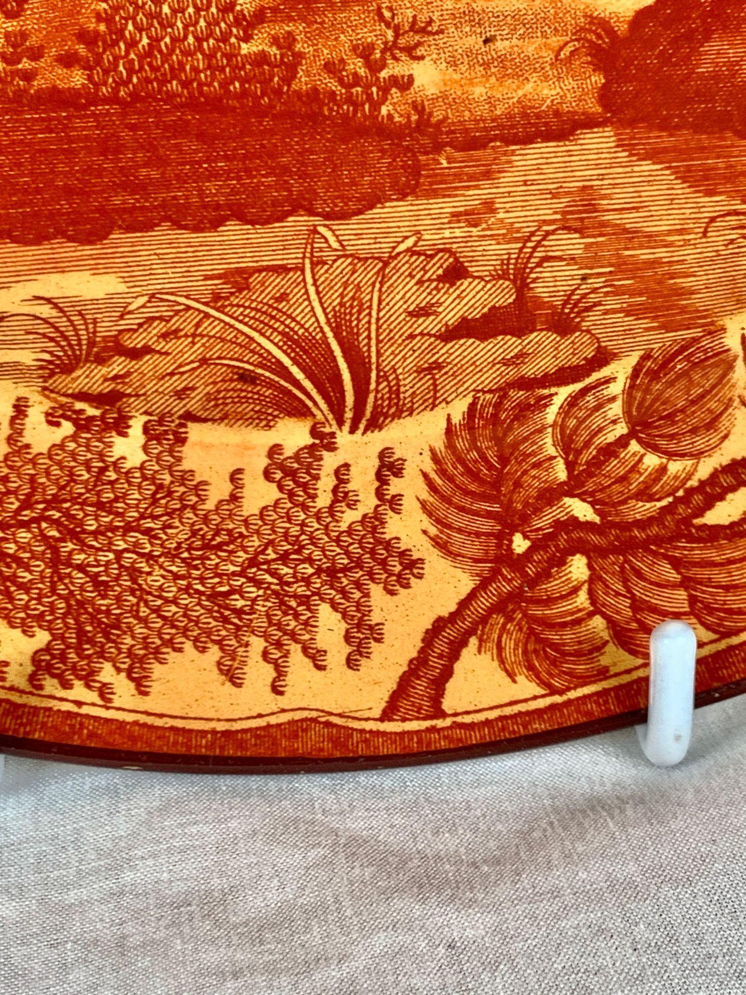 Earthenware Antique English Pottery Plate Scenic Landscape Red Transfer Country Scene c.1825 For Sale