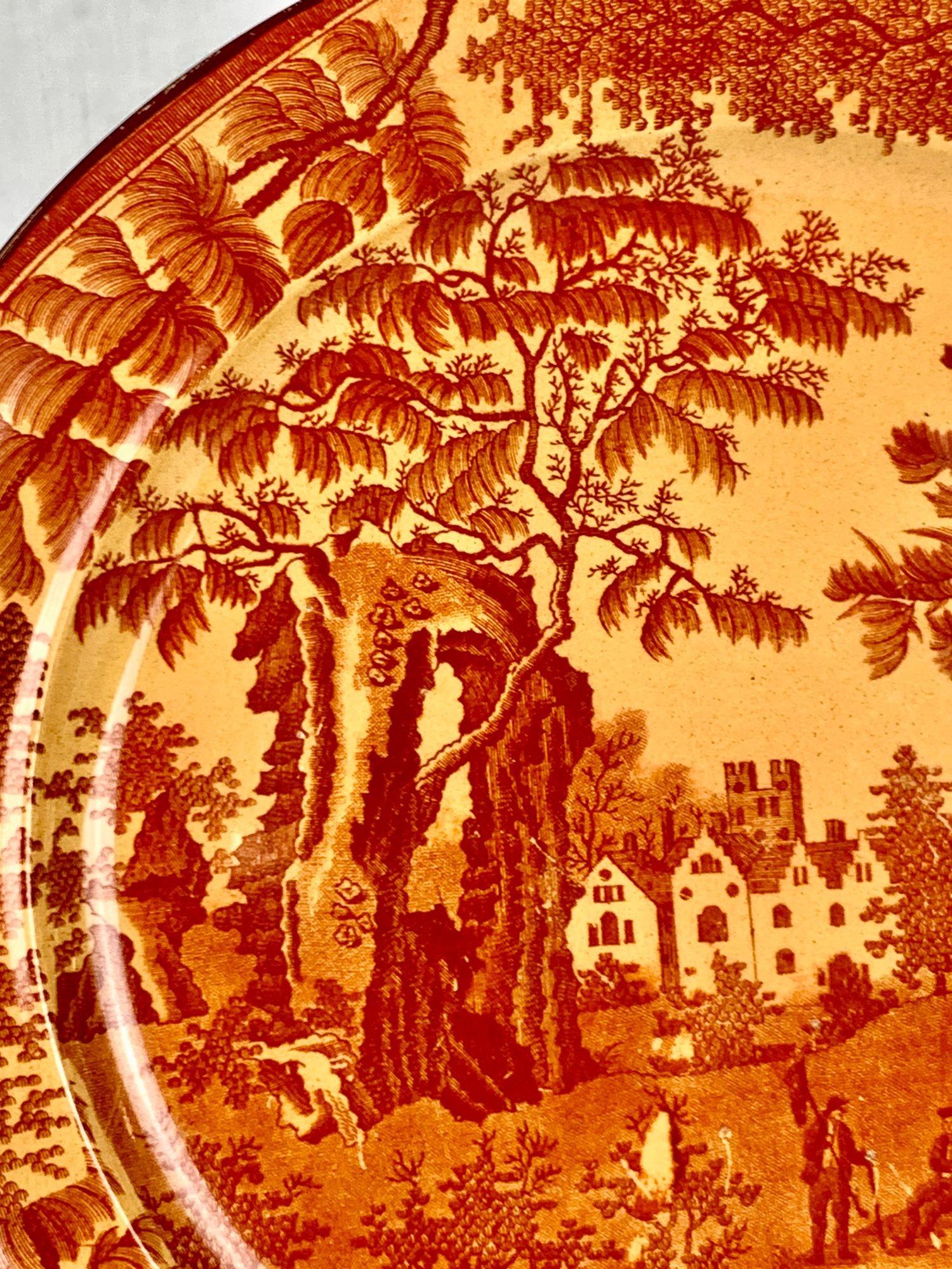 Antique English Pottery Plate Scenic Landscape Red Transfer Country Scene c.1825 For Sale 1