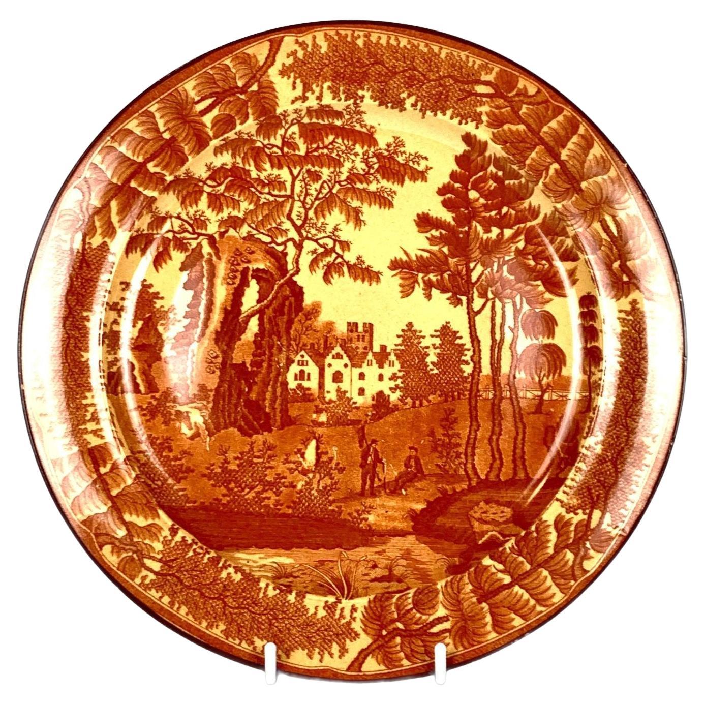 Antique English Pottery Plate Scenic Landscape Red Transfer Country Scene c.1825 For Sale