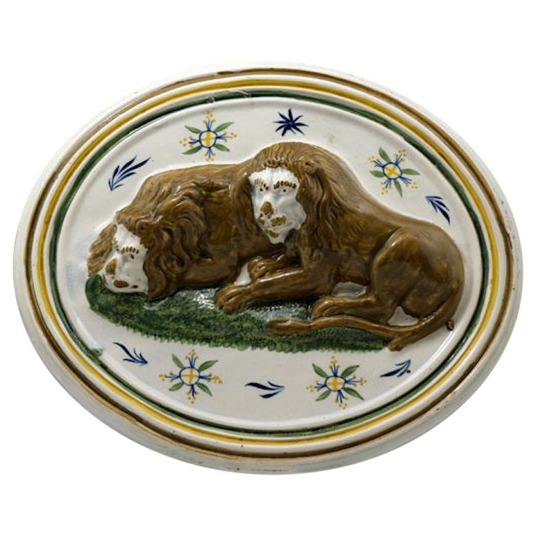 Antique English Pottery Prattware Plaque with Lions Early 19th Century For Sale