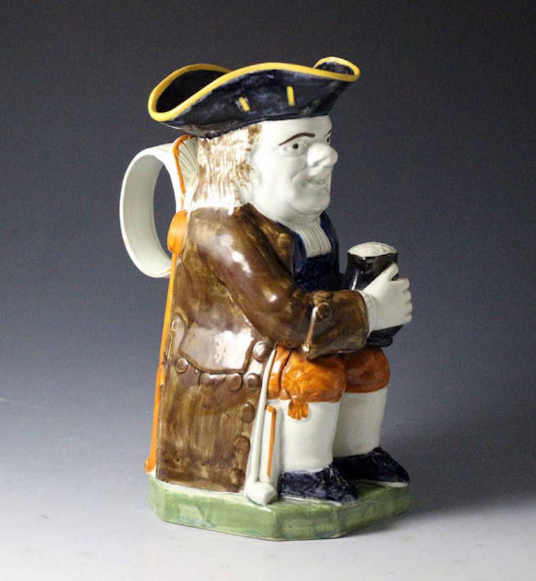 Ceramic Antique English Pottery Toby Jug in Pratt Colors, Early 19th Century For Sale