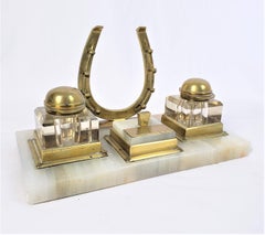 Antique English Presentation Inkwell & Desk Set with Horse Jockey Theme