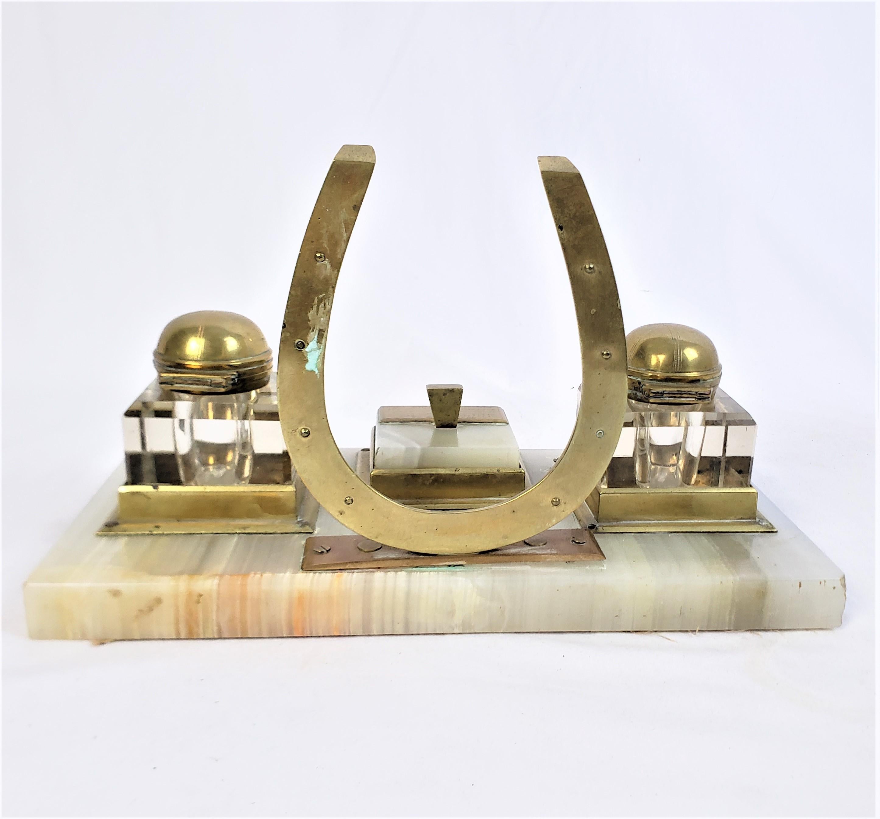 Machine-Made Antique English Presentation Inkwell & Desk Set with Horse Jockey Theme For Sale