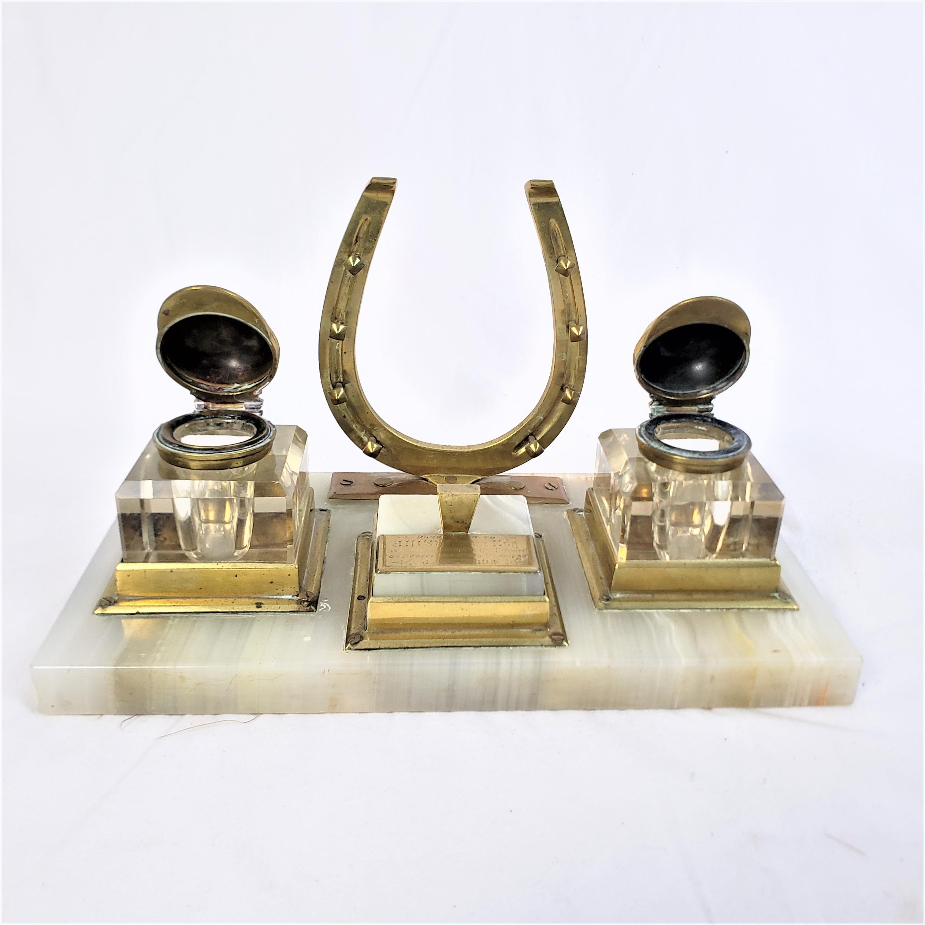 19th Century Antique English Presentation Inkwell & Desk Set with Horse Jockey Theme For Sale