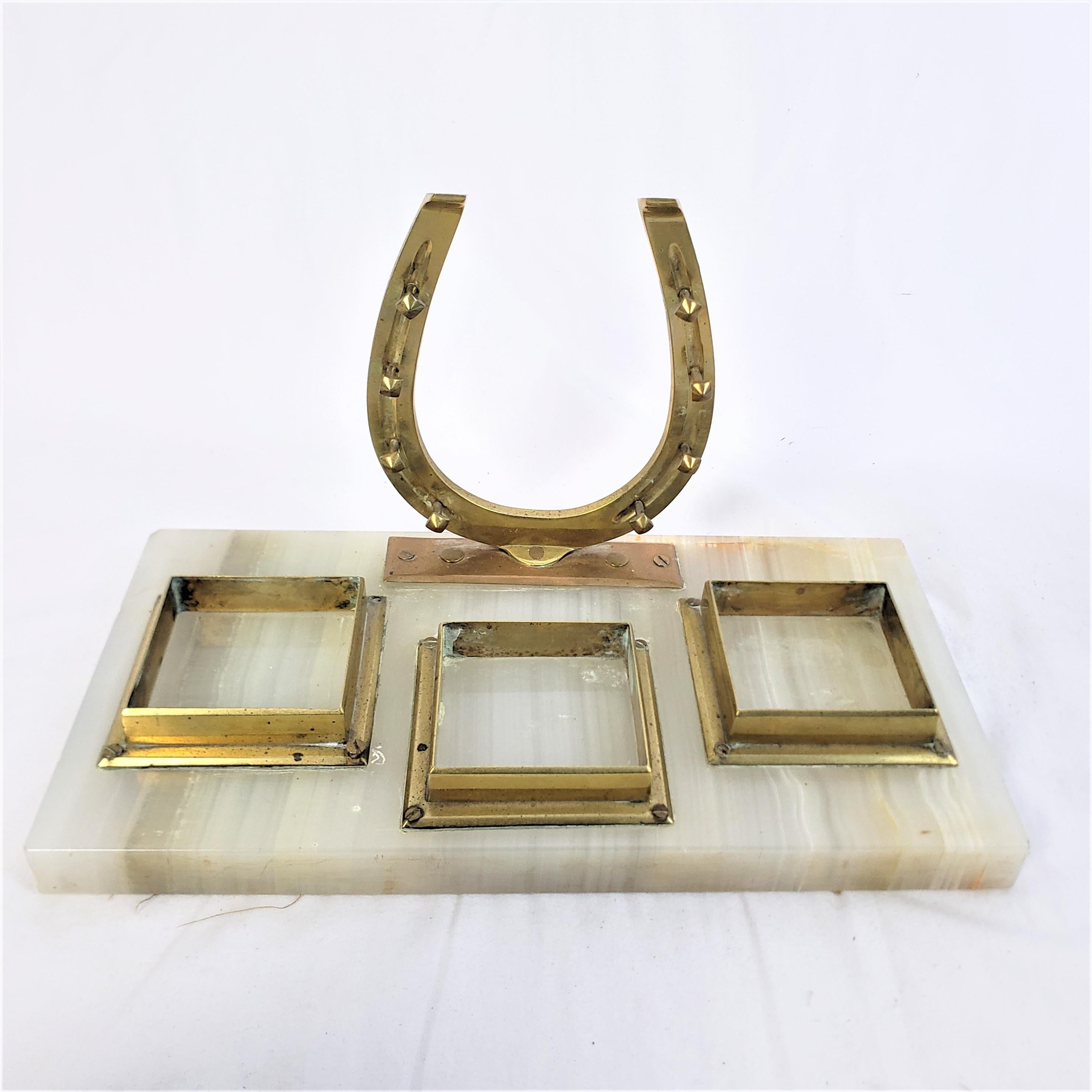 Brass Antique English Presentation Inkwell & Desk Set with Horse Jockey Theme For Sale