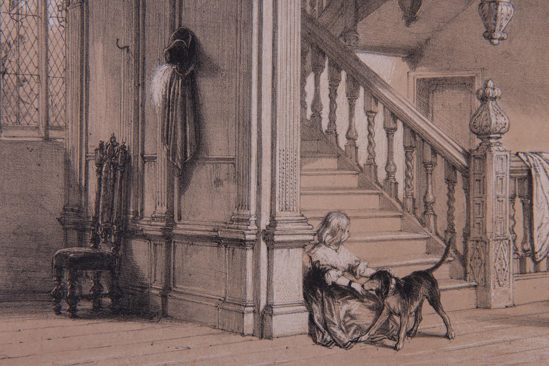 Autre Staircase, Wakehurst, Sussex, estampe anglaise ancienne de Joseph Nash en vente
