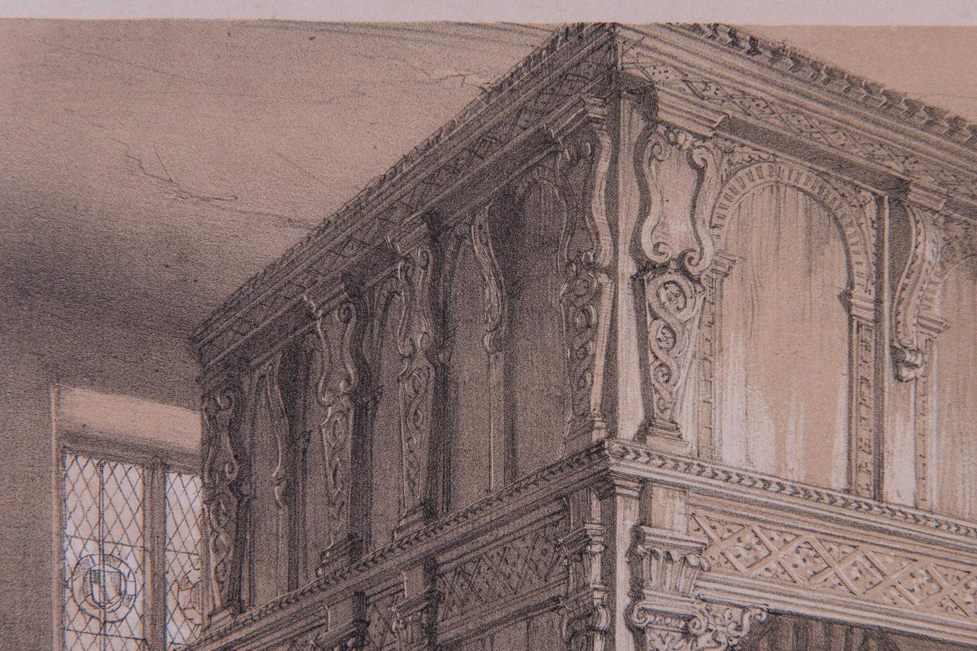 „Staircase, Wakehurst, Sussex“, antiker englischer antiker englischer Druck von Joseph Nash (Graviert) im Angebot