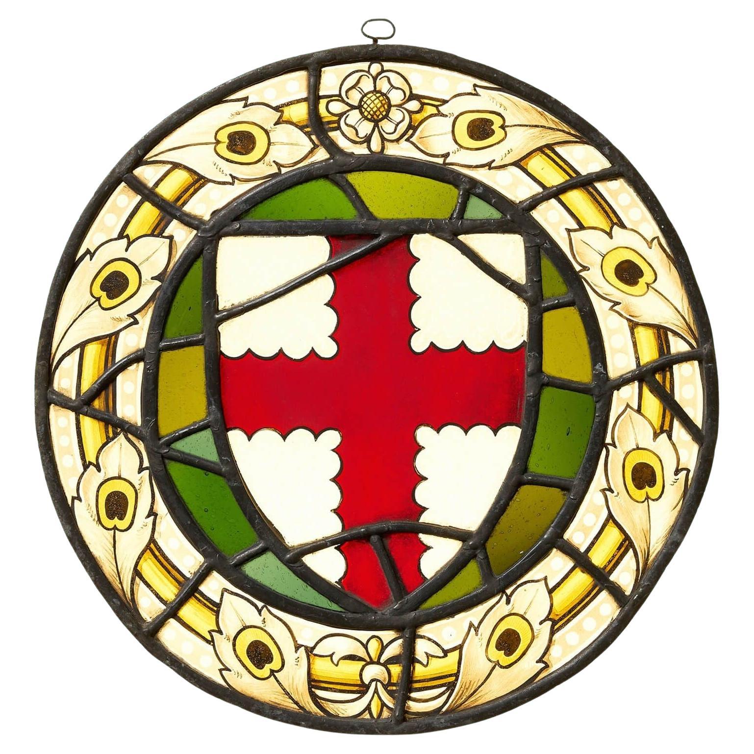 Antigua vidriera redonda inglesa pseudoarmorial Stained glass Roundel
