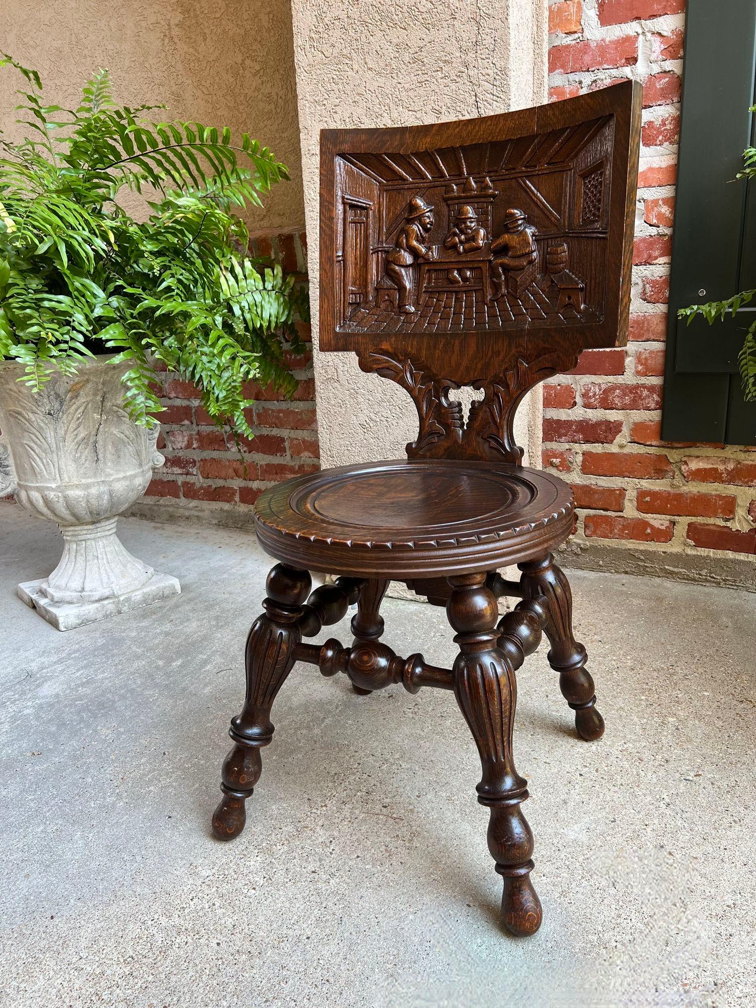 Arts and Crafts Antique English Pub Chair Fireplace Hearth Carved Tiger Oak Breton Brittany For Sale