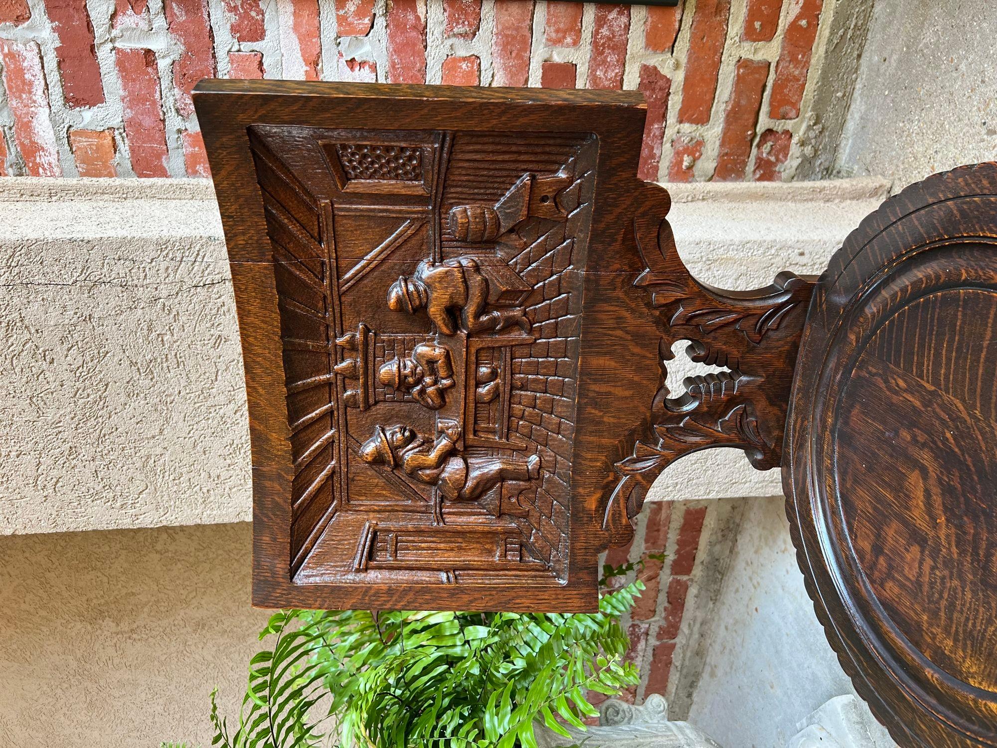Early 20th Century Antique English Pub Chair Fireplace Hearth Carved Tiger Oak Breton Brittany For Sale