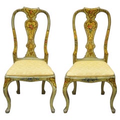 Antique English Queen Anne Adams Green Handpainted Dining Side Chairs, a Pair