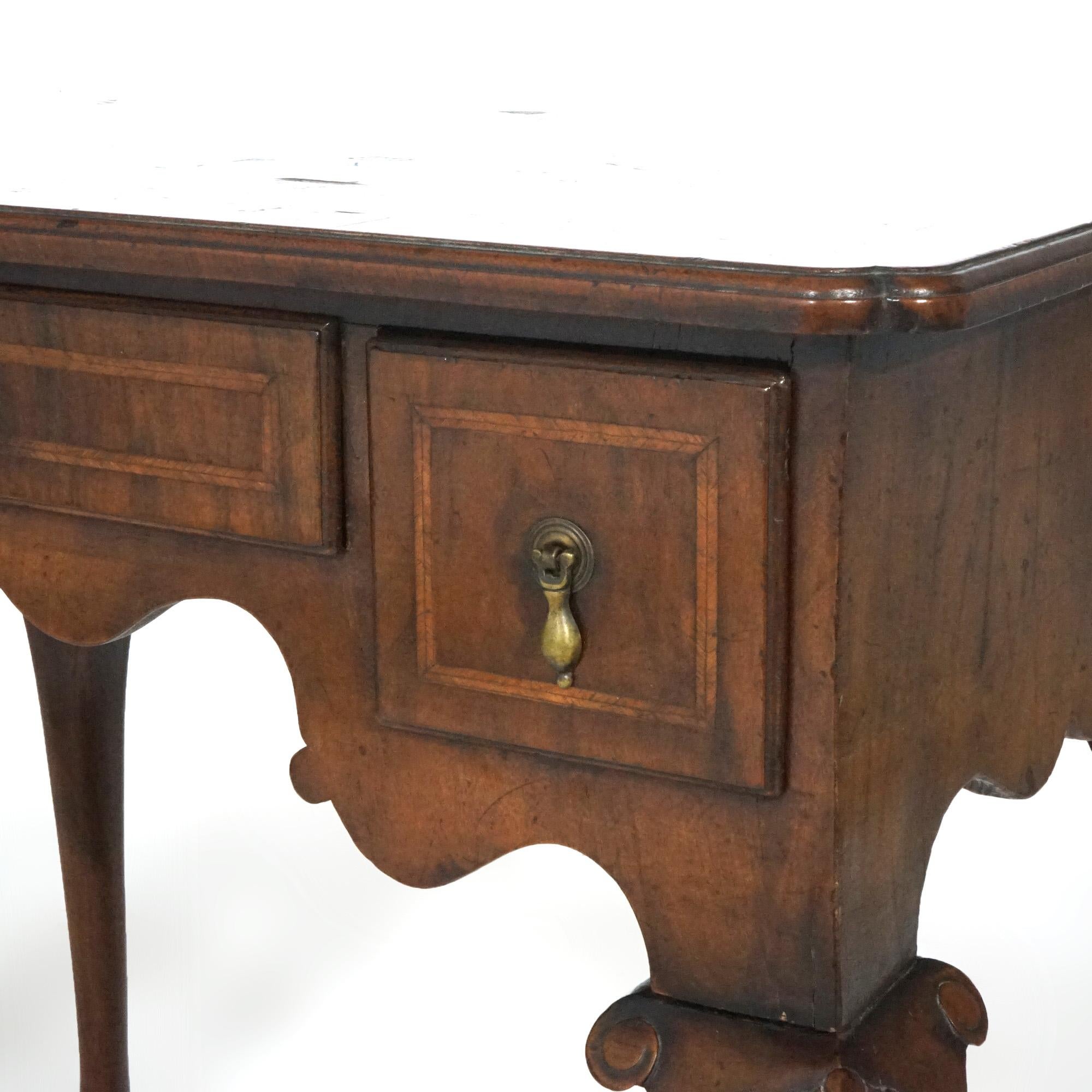 18th Century and Earlier Antique English Queen Anne Carved Mahogany & Satinwood Inlaid Low Boy 18th C For Sale