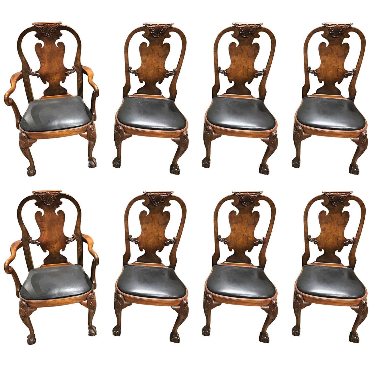 Antique English Queen Anne Dining Chairs, Set of Eight