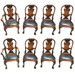 Antique English Queen Anne Dining Chairs, Set of Eight