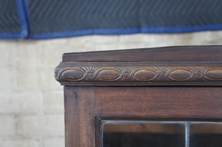 Antique English Queen Anne Leaded Slag Glass Curio Bookcase at