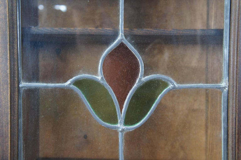 Antique English Queen Anne Leaded Slag Glass Curio Bookcase at