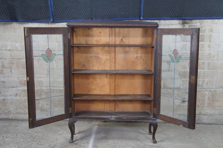 Antique English Queen Anne Leaded Slag Glass Curio Bookcase at