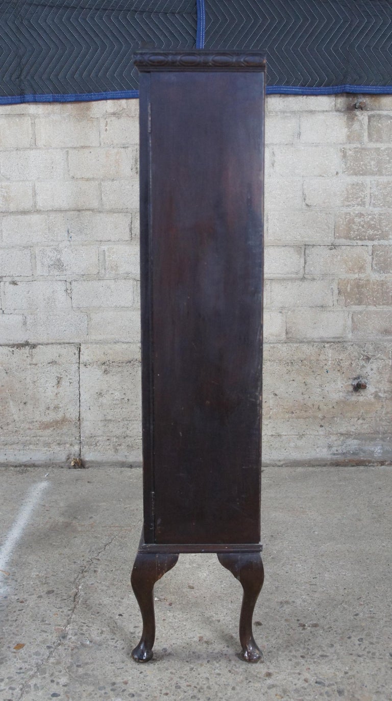 Antique English Queen Anne Leaded Slag Glass Curio Bookcase at