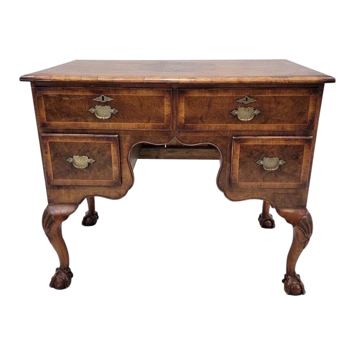 Antico scrittoio inglese in stile Queen Anne in radica e Oak